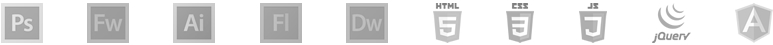 photoshop, fireworks, illustrator, flash, dreamweaver, html5, css3, javascript,  jquery, angular